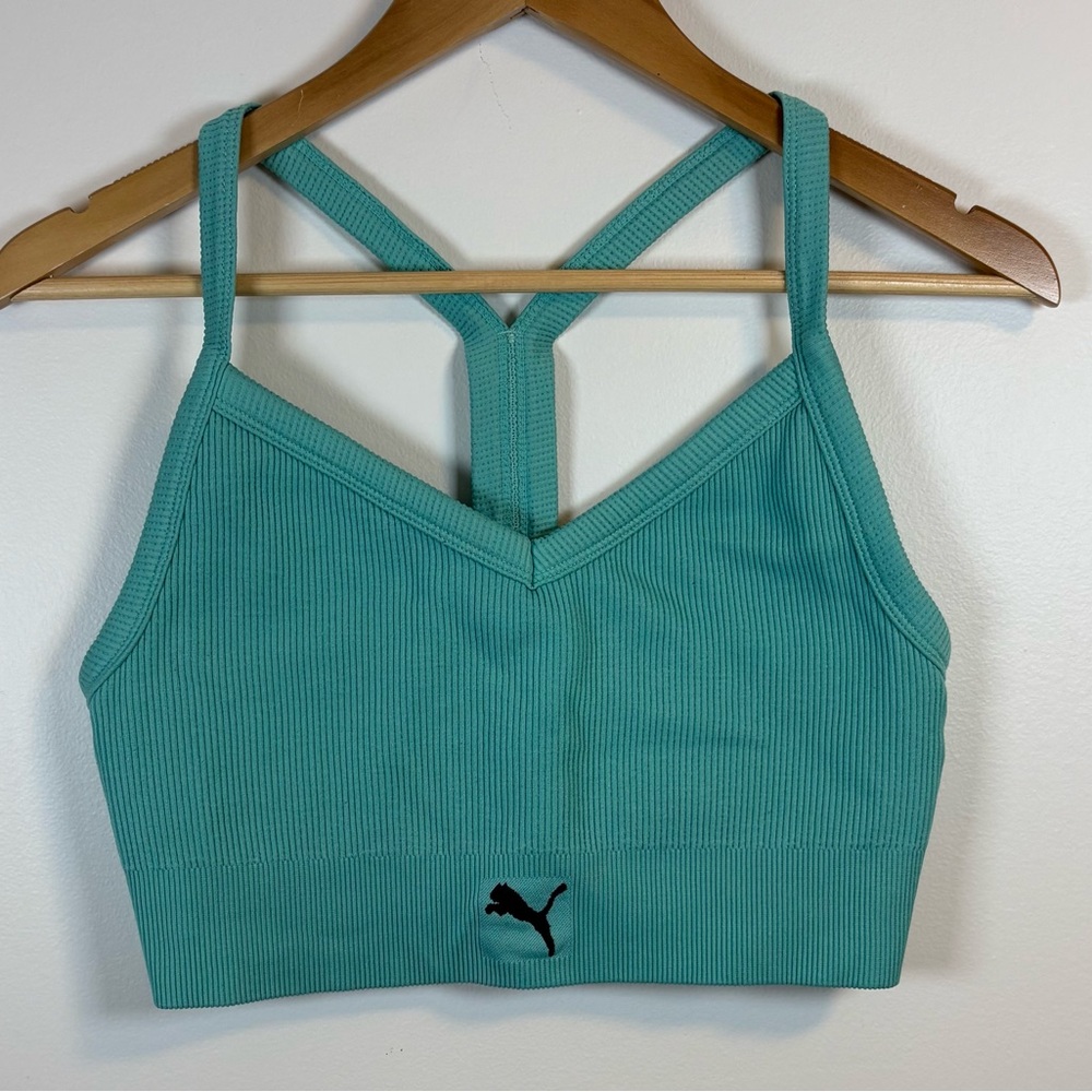 Puma Women’s Turquoise Blue Green Ribbed Sports Top Bra, Size XL, Cropped,